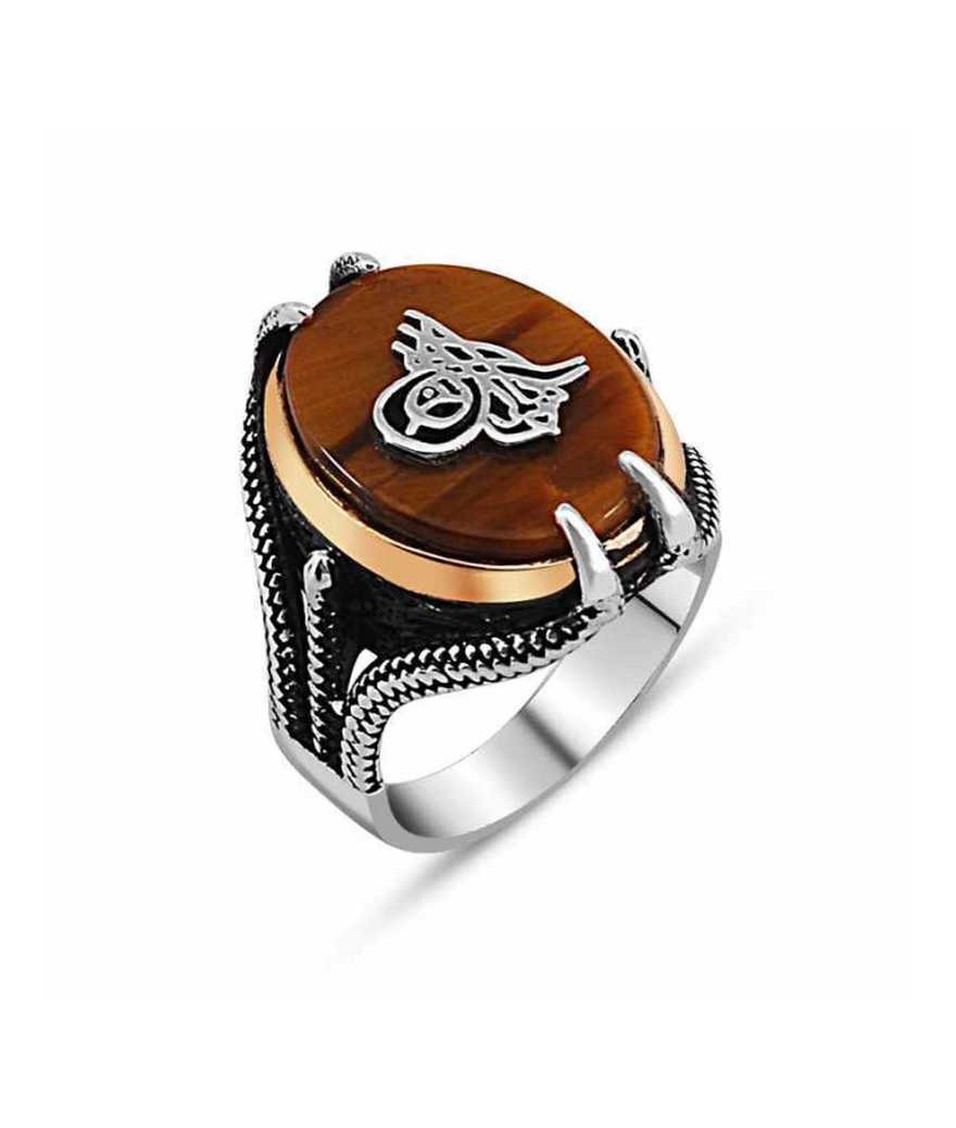 Gümüş Kaplan Gözü Taşlı Tuğralı Erkek Yüzük