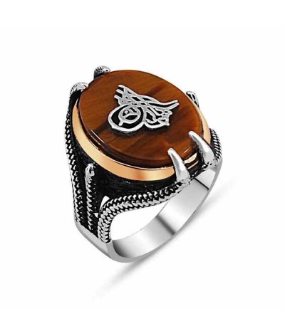 Gümüş Kaplan Gözü Taşlı Tuğralı Erkek Yüzük