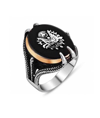 Gümüş Siyah Taşlı Kartal Pençesi Osmanlı Devlet Arması Erkek Yüzük