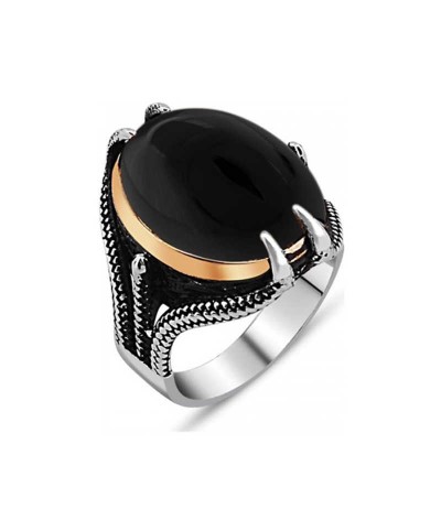 Gümüş Siyah Taşlı Kartal Pençesi Erkek Yüzük