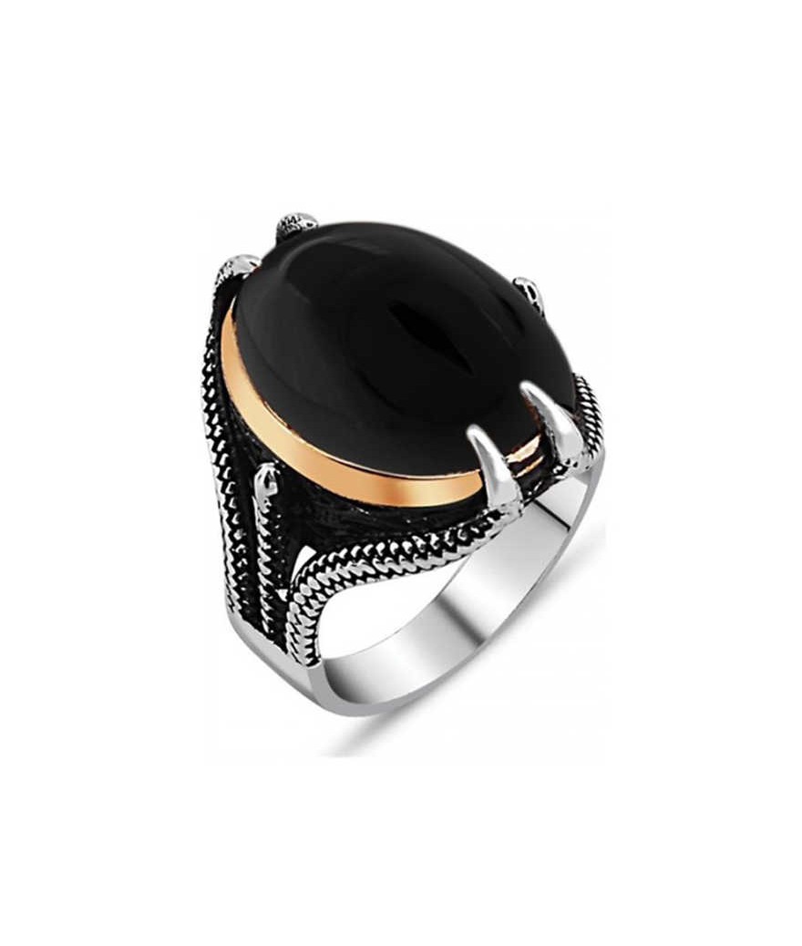 Gümüş Siyah Taşlı Kartal Pençesi Erkek Yüzük