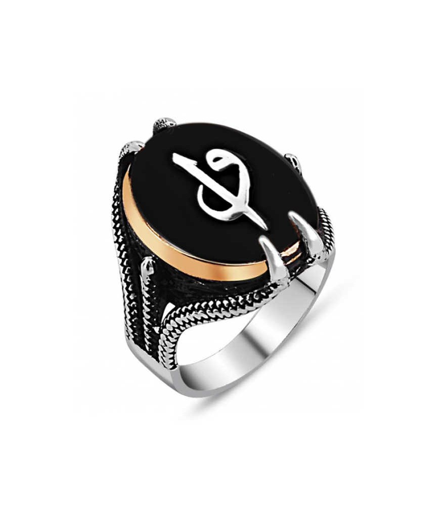 Gümüş Siyah Taşlı Kartal Pençesi Elif Vav Erkek Yüzük