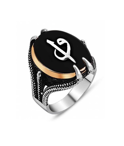Gümüş Siyah Taşlı Kartal Pençesi Elif Vav Erkek Yüzük