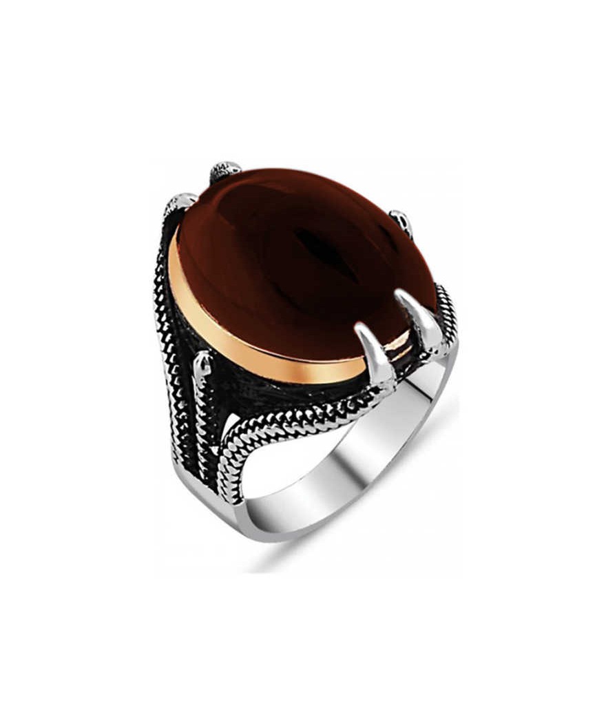 Gümüş Akik Taşlı Kartal Pençesi Erkek Yüzük