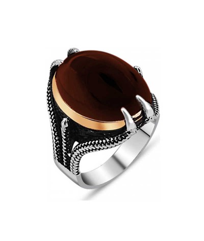 Gümüş Akik Taşlı Kartal Pençesi Erkek Yüzük