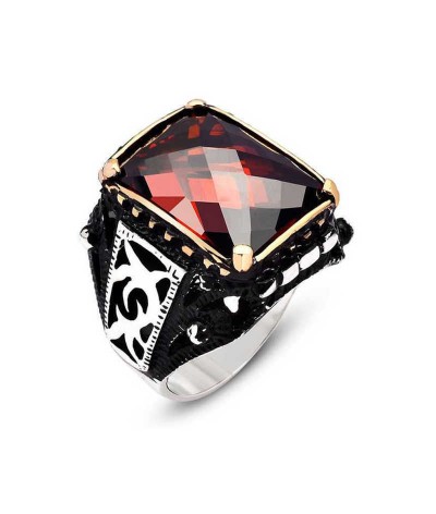 Gümüş Kırmızı Zirkon Taşlı Erkek Yüzük