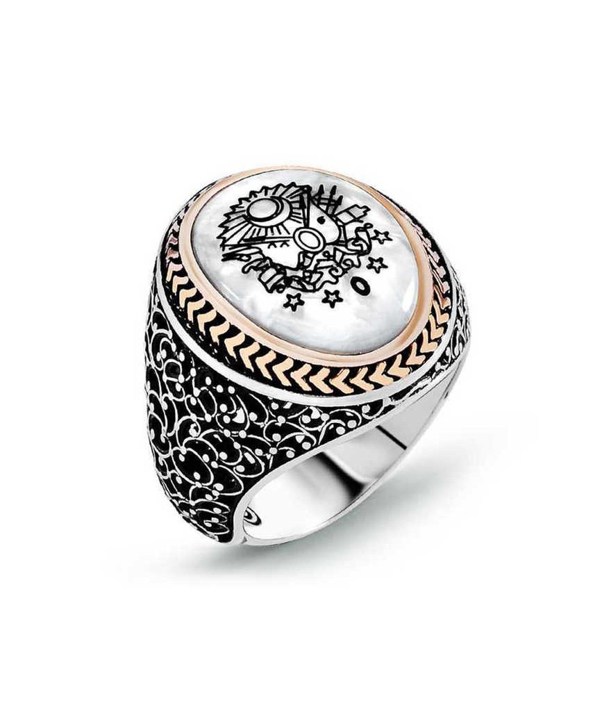 Gümüş Osmanlı Devlet Armalı Sedef Erkek Yüzük