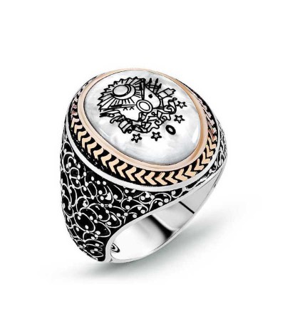 Gümüş Osmanlı Devlet Armalı Sedef Erkek Yüzük