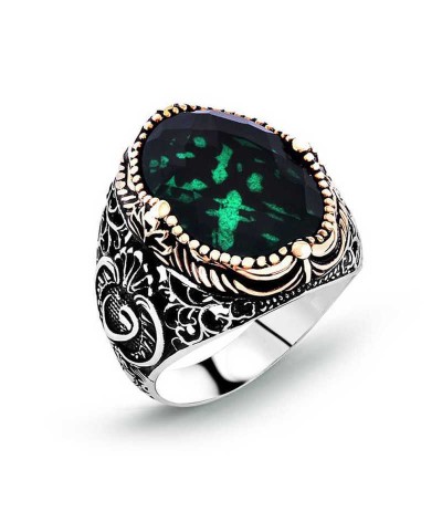 Gümüş Yeşil Zirkon Taşlı Erkek Yüzük