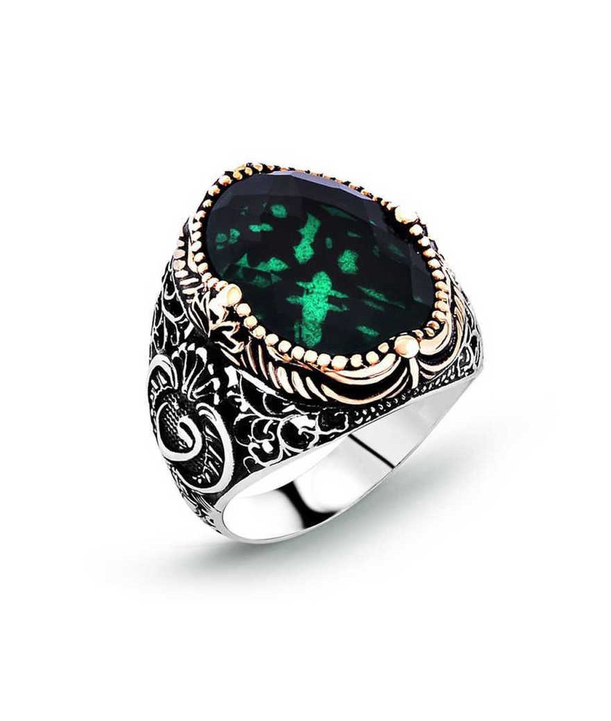 Gümüş Yeşil Zirkon Taşlı Erkek Yüzük