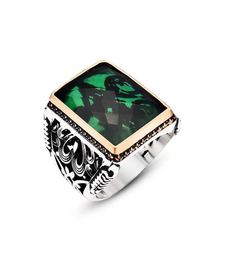 Gümüş Yeşil Zirkon Taşlı Erkek Yüzük