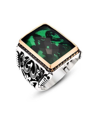 Gümüş Yeşil Zirkon Taşlı Erkek Yüzük