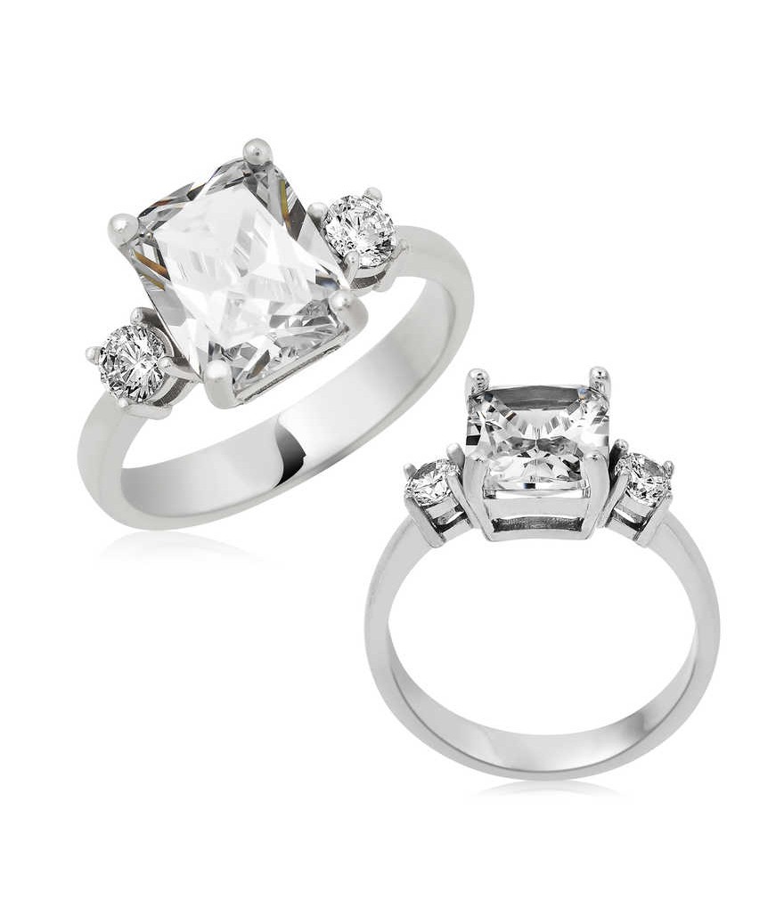 Gümüş Kare Montür Üç Taş Bayan Yüzük