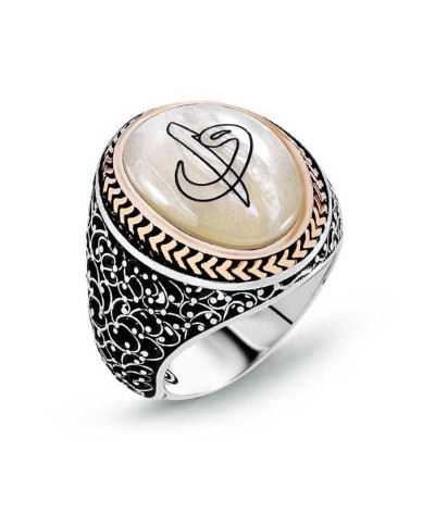 Gümüş Sedef Taşlı Eli Vav Erkek Yüzük