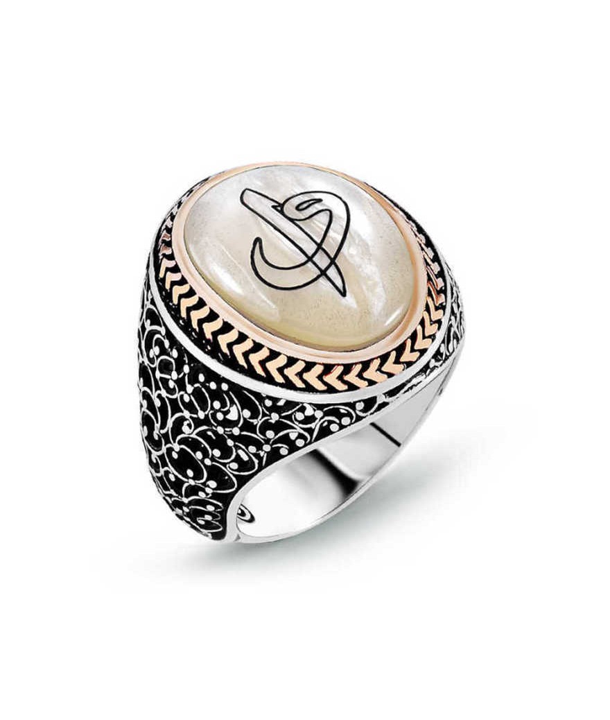 Gümüş Sedef Taşlı Eli Vav Erkek Yüzük