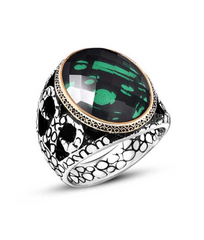 Gümüş Yeşil Zirkon Taşlı Erkek Yüzük