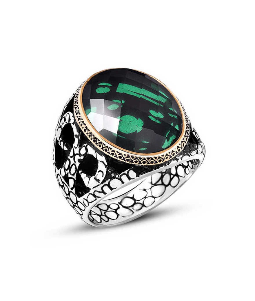 Gümüş Yeşil Zirkon Taşlı Erkek Yüzük