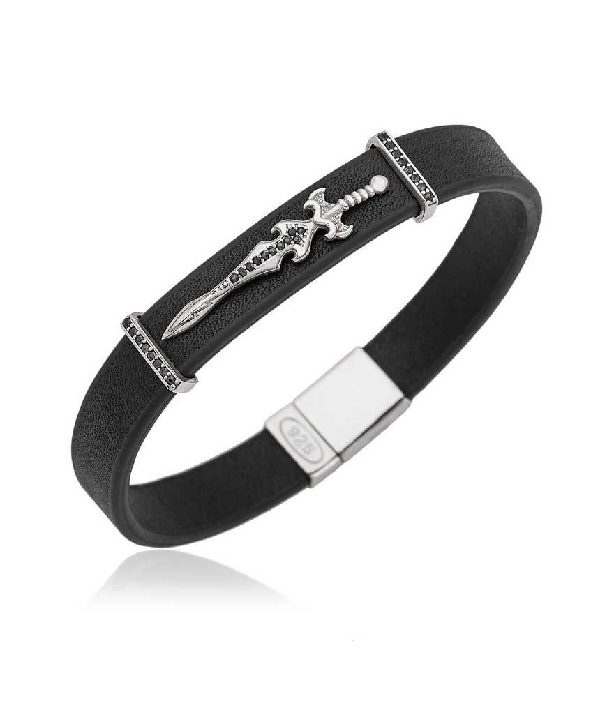 ​Gümüş Kılıç Figürlü Deri Erkek Bileklik