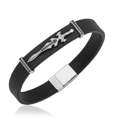 ​Gümüş Kılıç Figürlü Deri Erkek Bileklik