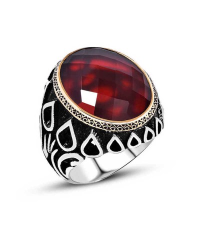 Gümüş Kırmızı Zirkon Taşlı Erkek Yüzük