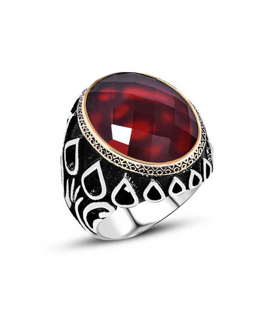Gümüş Kırmızı Zirkon Taşlı Erkek Yüzük