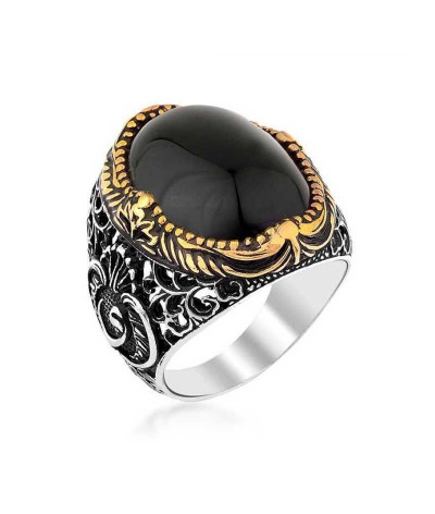 Gümüş Siyah Oniks Taşlı Erkek Yüzük