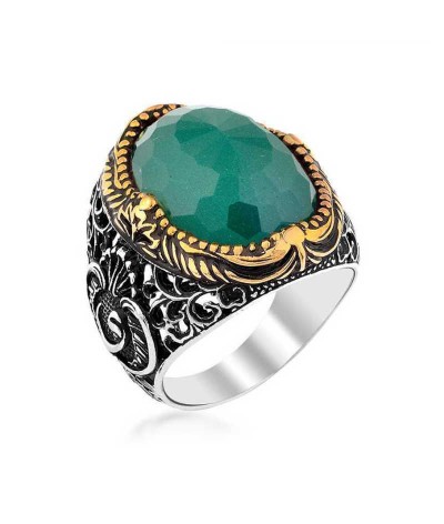 Gümüş Yeşil Zirkon Taşlı Erkek Yüzük