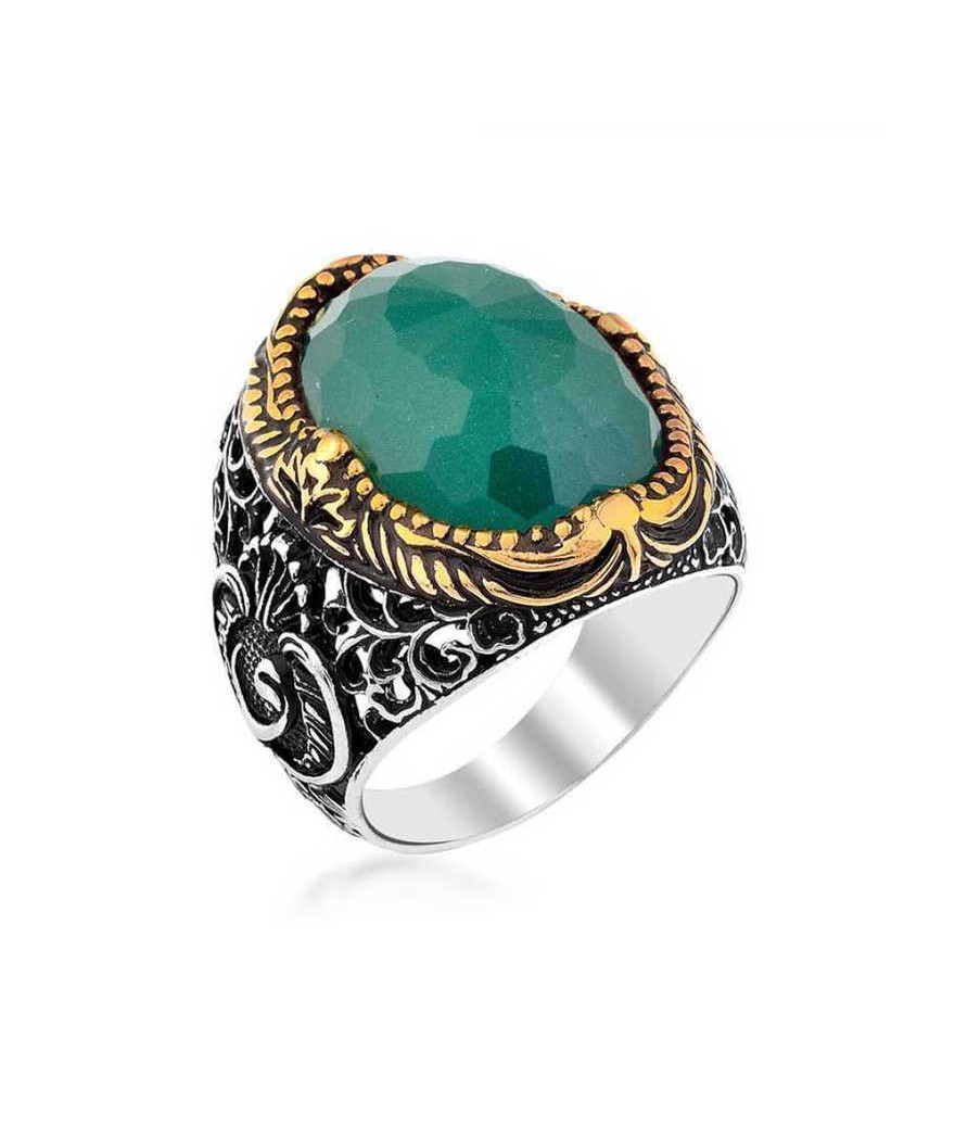 Gümüş Yeşil Zirkon Taşlı Erkek Yüzük