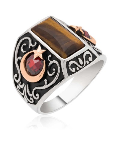 Gümüş Ay Yıldız Armalı Kaplan Gözü Erkek Yüzük