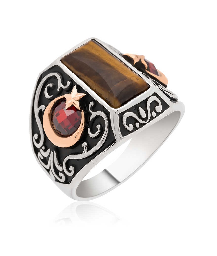 Gümüş Ay Yıldız Armalı Kaplan Gözü Erkek Yüzük