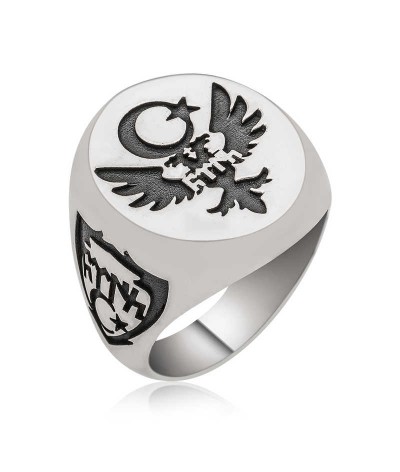 ​Gümüş Çift Başlı Kartal Ay Yıldız Erkek Yüzük