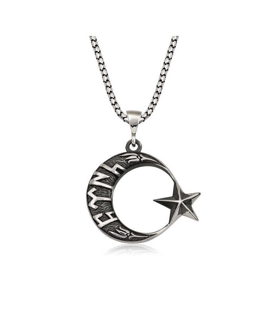 Gümüş Göktürkçe Türk Yazılı Ay Yıldız Erkek Kolye