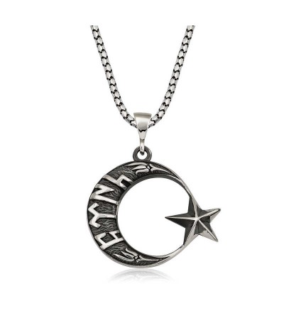 Gümüş Göktürkçe Türk Yazılı Ay Yıldız Erkek Kolye