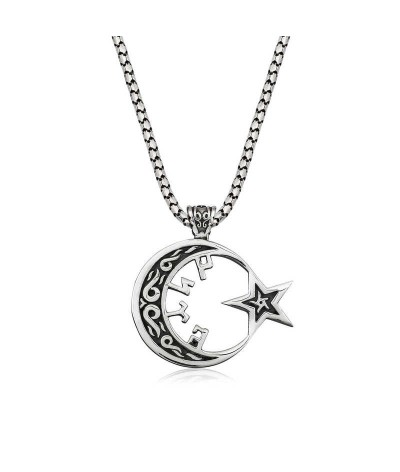 ​Gümüş Göktürkçe Türk Yazılı Ay Yıldız Erkek Kolye