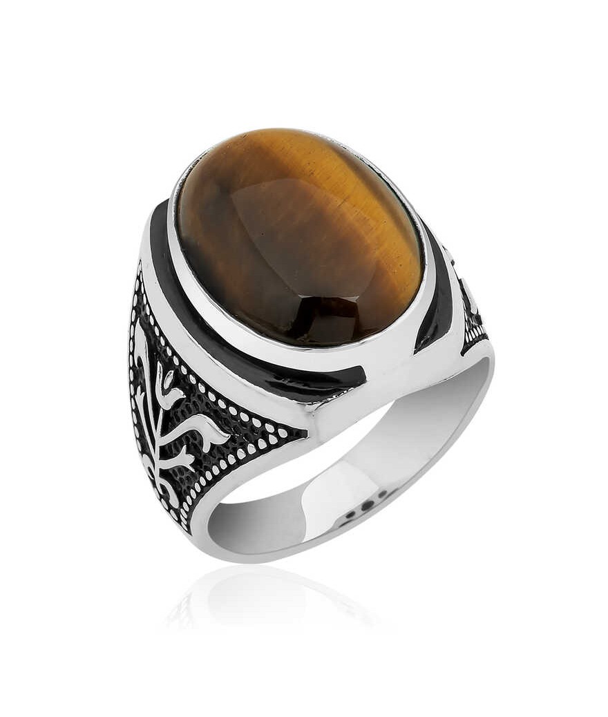 Gümüş Lale işlemeli Kaplan Gözü Yüzük