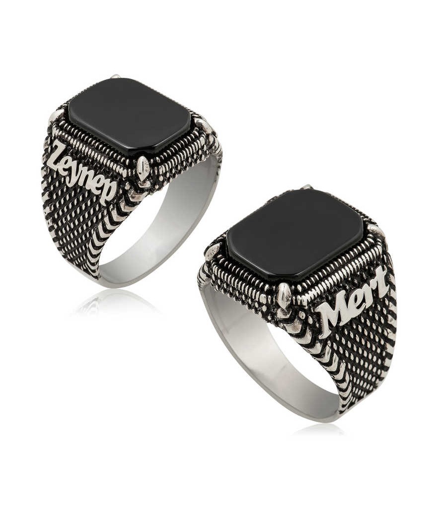 ​Gümüş Oniks Taşlı İsim Yazılabilen Erkek Yüzük