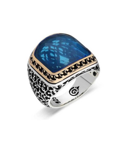 Gümüş Açık Mavi Taşlı Erkek Yüzük