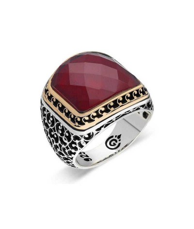 Gümüş Yakut Renk Kırmızı Taşlı Erkek Yüzük