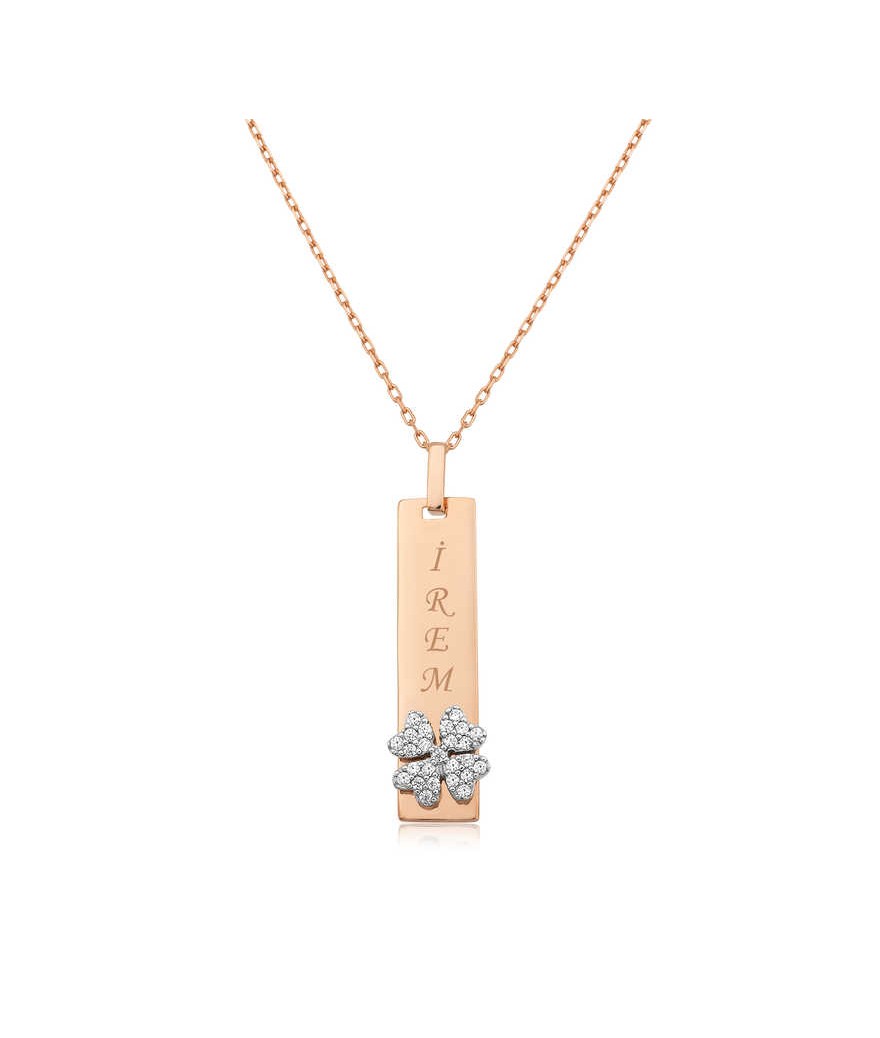 Gümüş Yonca Desenli Plaka Kolye