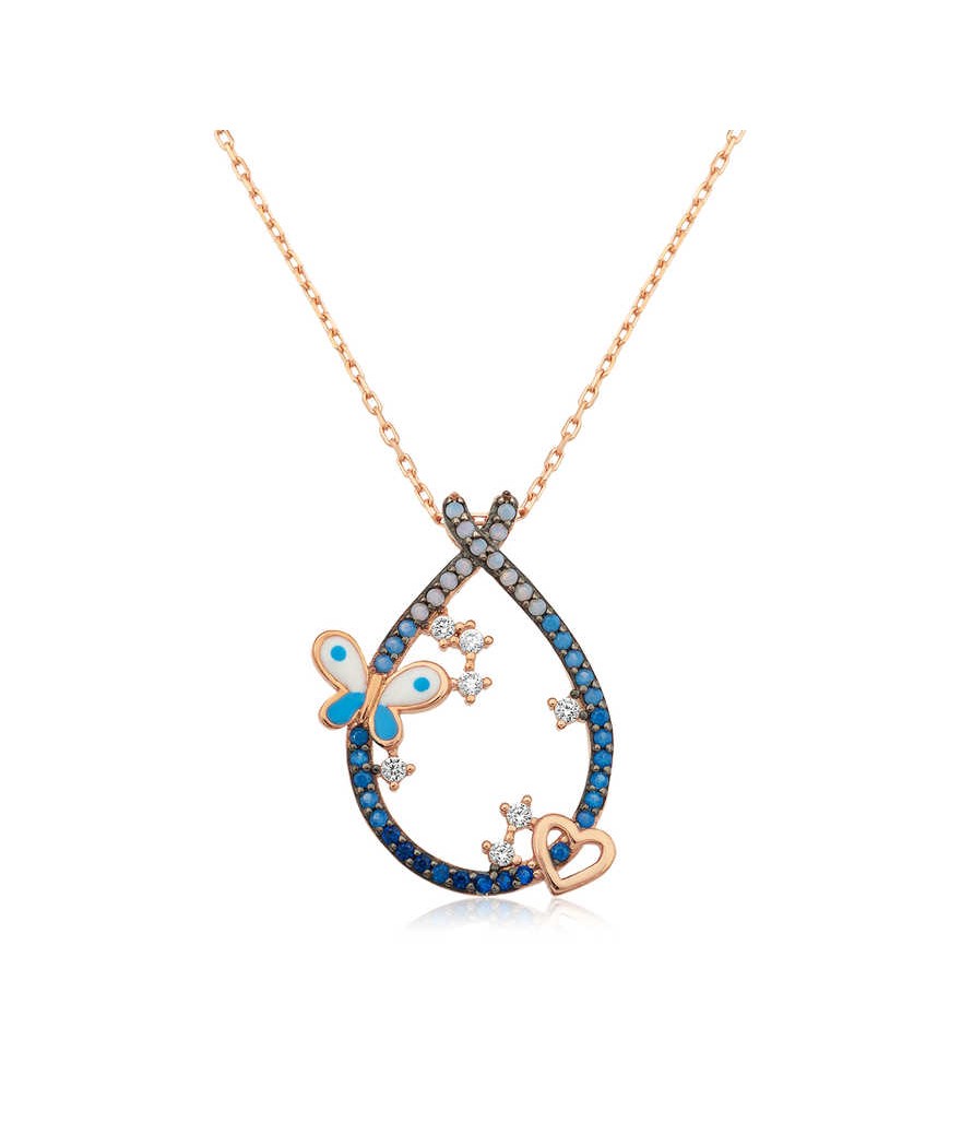 Gümüş Kalpli Ve Kelebekli Damla Kolye