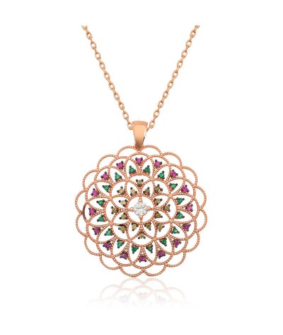 Gümüş Geometrik Desenli Madalyon Kolye