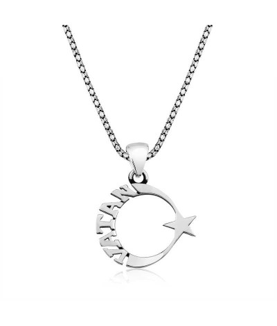 ​Gümüş Vatan Yazılı Ay Yıldız Erkek Kolye