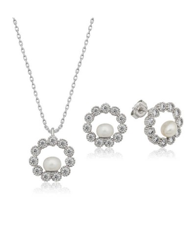 Gümüş İncili Halka Desenli Bayan Set