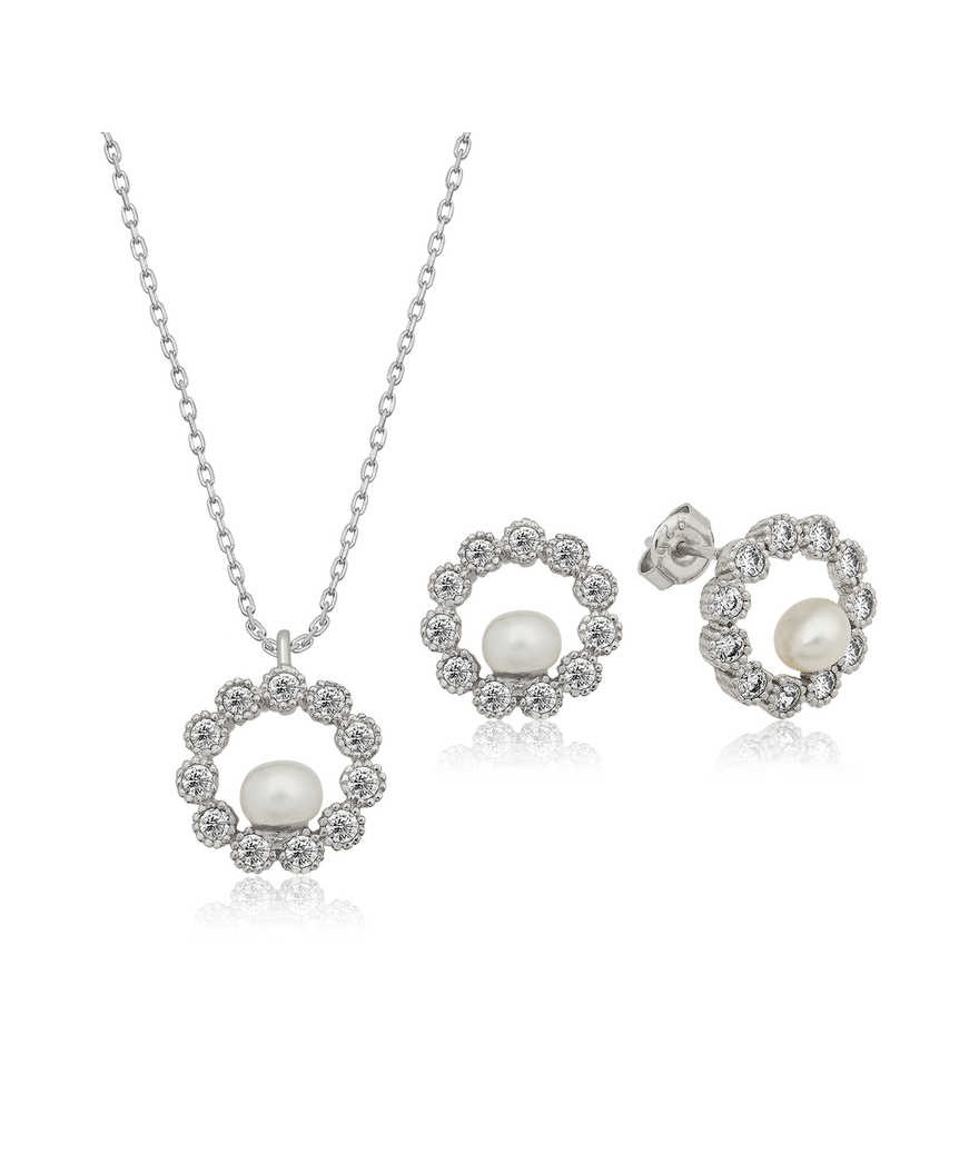 Gümüş İncili Halka Desenli Bayan Set