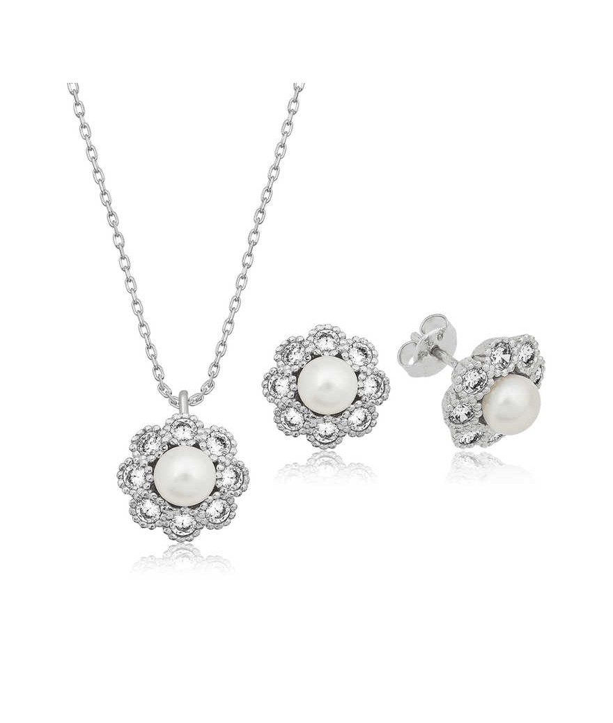 Gümüş İncili Çiçek Bayan Set