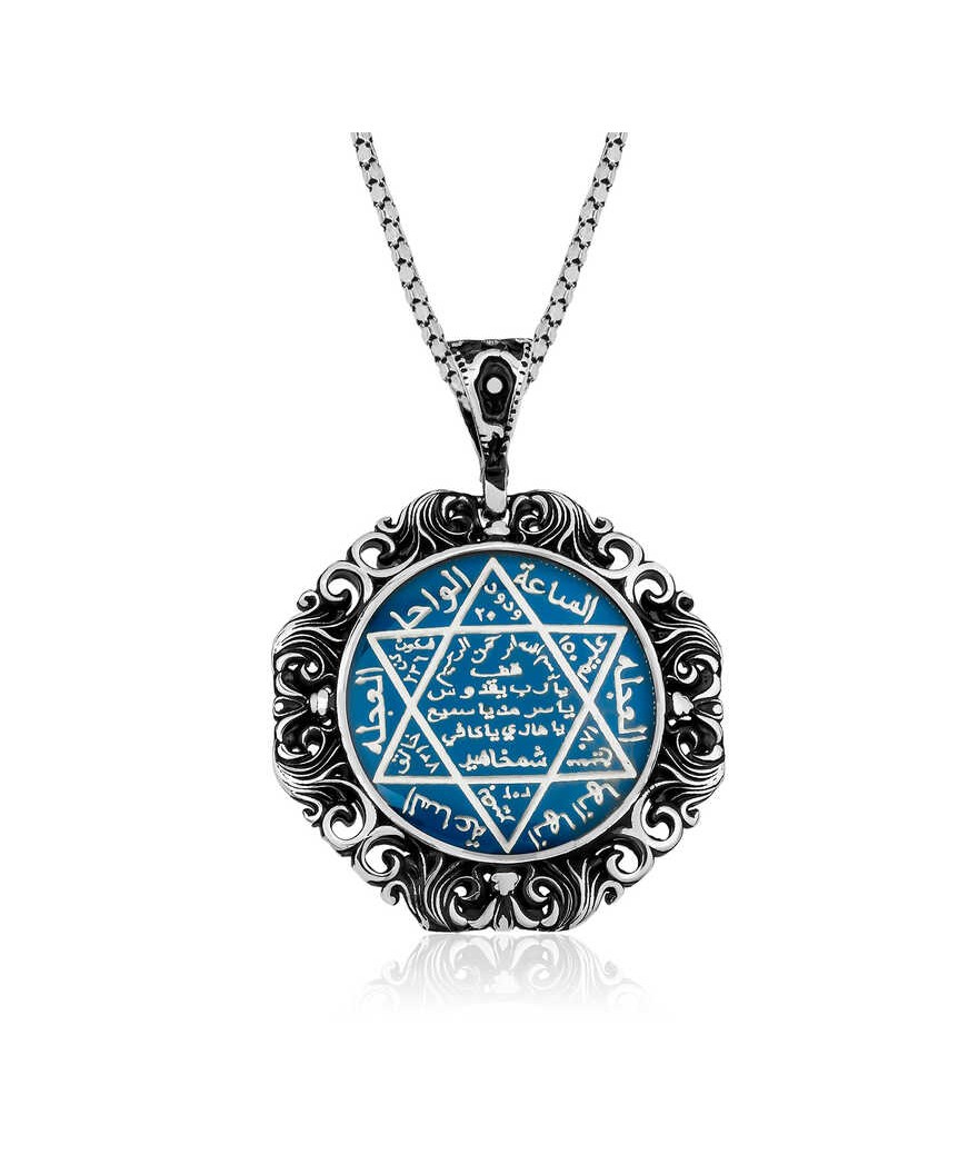 Gümüş Mavi Mineli Büyük Süleyman Mührü Kolye