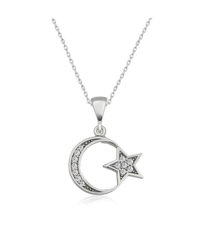 Gümüş Ay Yıldız Bayan Kolye