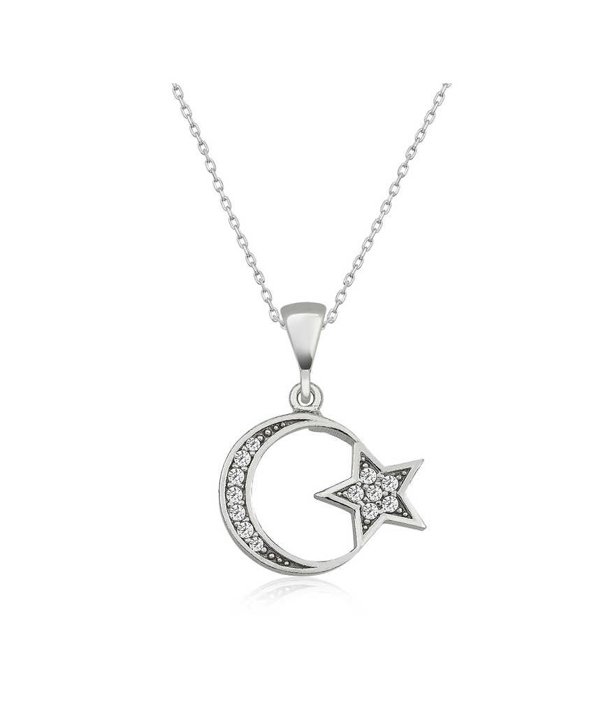 Gümüş Ay Yıldız Bayan Kolye