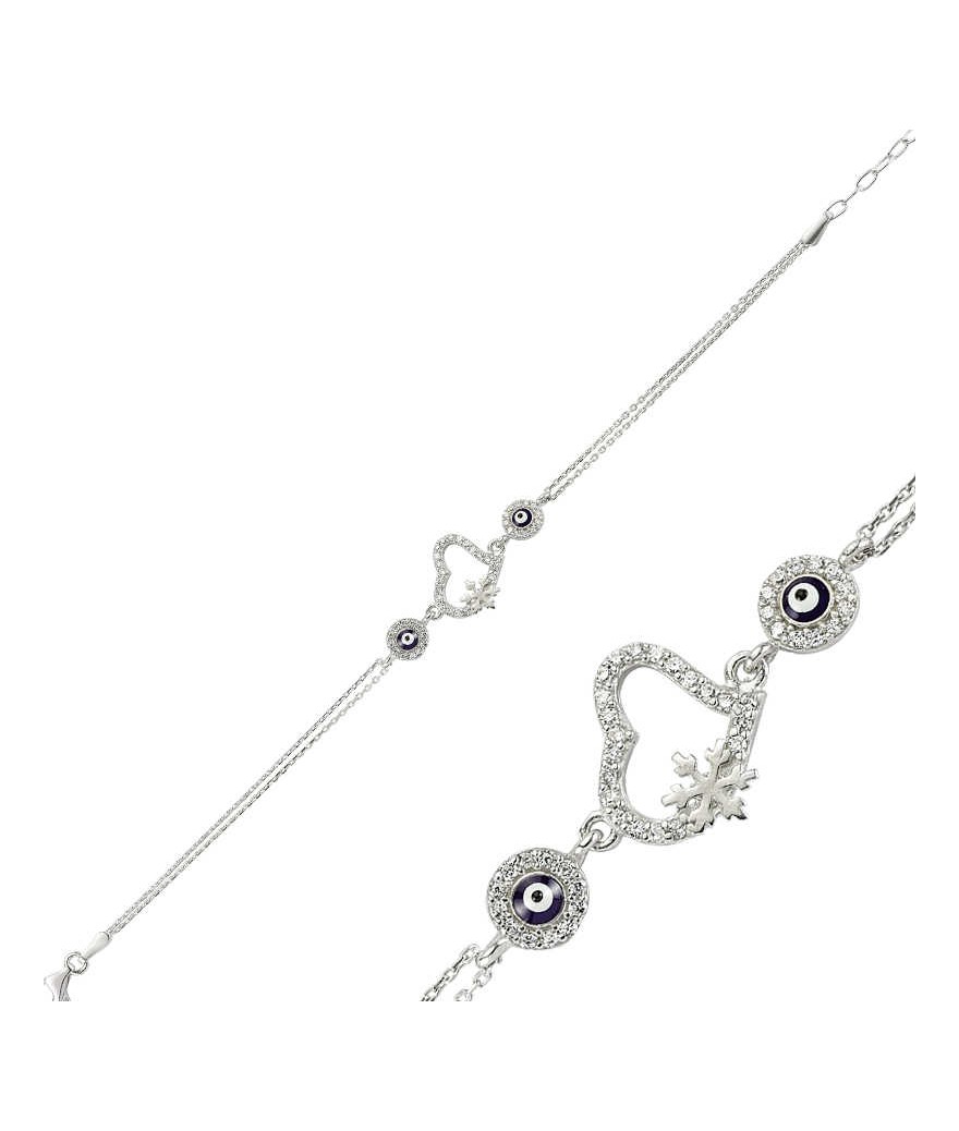 Gümüş Nazarlı Kar Tanesi Kalp Bileklik