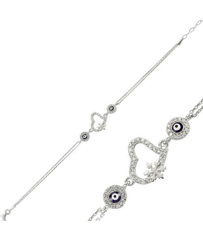 Gümüş Nazarlı Kar Tanesi Kalp Bileklik